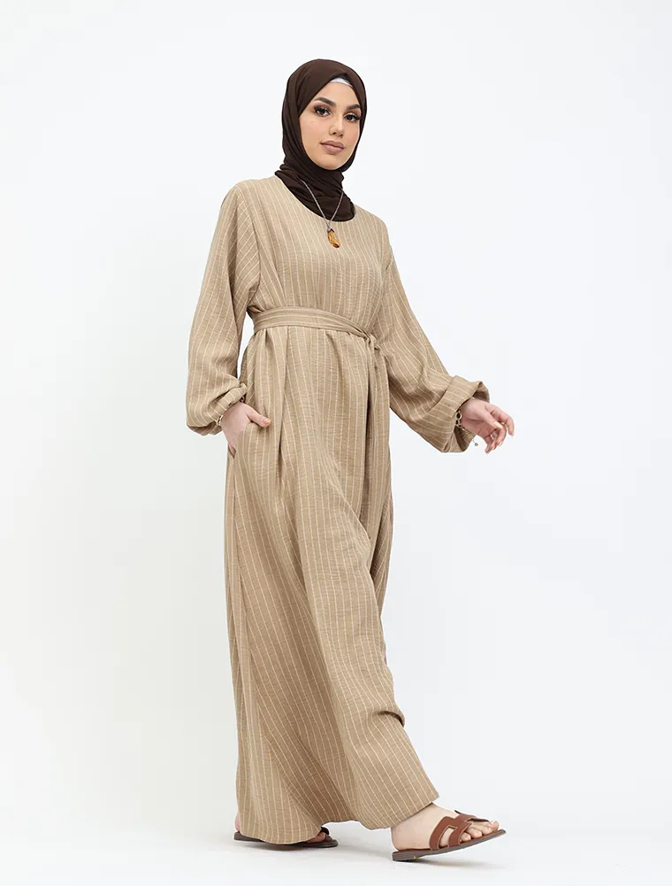 Camel Stripe Linen Feel Essential Abaya